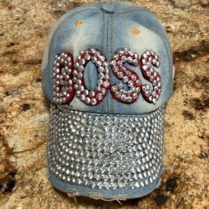 Women’s Denim Embellished Rhinestone Bling BOSS Slideback Hat